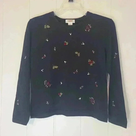 Talbots Sweaters - Talbots Black Holly Beaded Sweater embroidered Size M